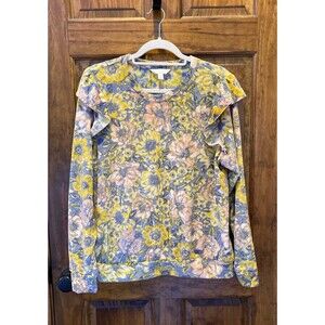 LC Lauren Conrad Blouse Size XL Velvet Feel Floral Ruffle Sleeve Yellow Pink